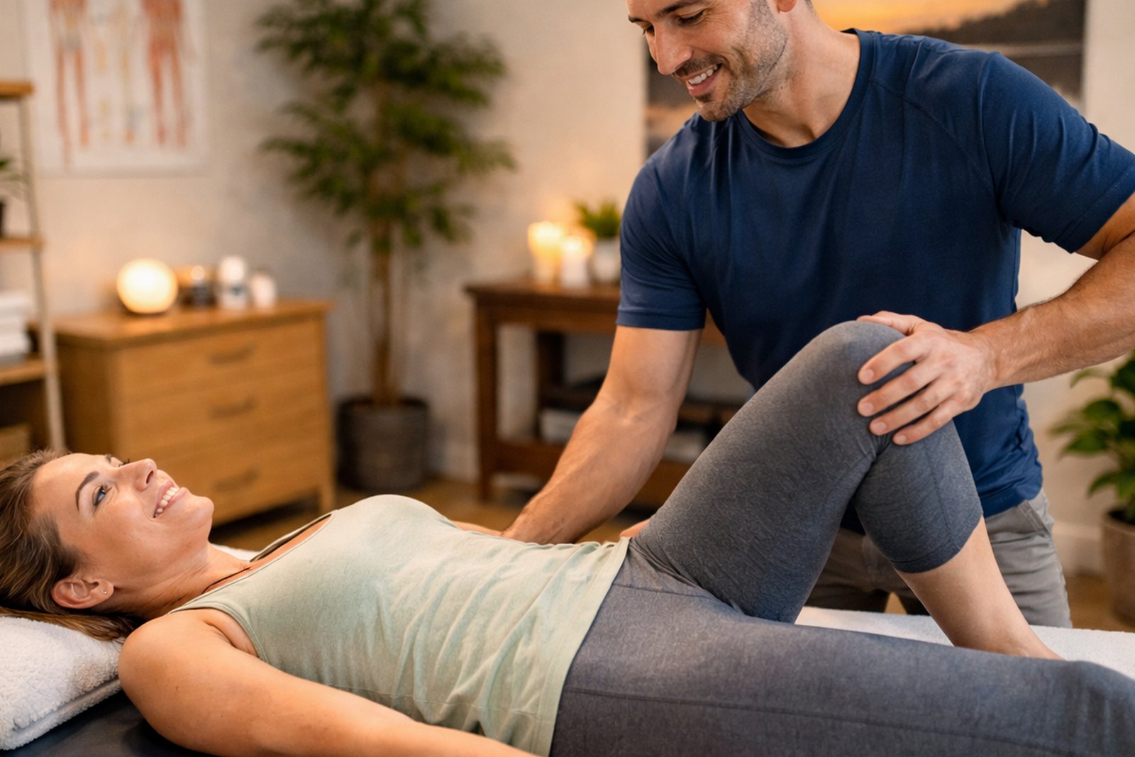 Therapist guiding a client through a movement or rehab exercise